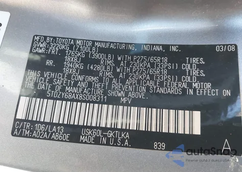 2008 Toyota Sequoia Limited 5.7L V8 z USA, uszkodzony, nr VIN 5TDZY68AX8S008311